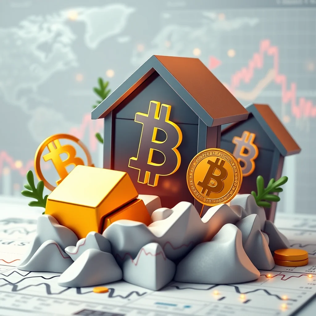 Dwa modele domów z symbolami Bitcoina i złotymi sztabkami na tle wykresu giełdowego.
