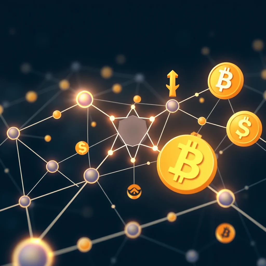 Grafika przedstawiająca sieć połączonych węzłów z symbolami Bitcoina, dolara i dwukierunkową strzałką, sugerująca połączenia i transakcje w kryptowalutach.