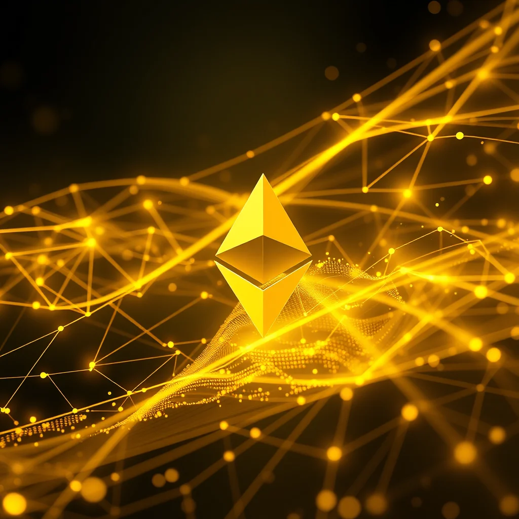 Złoty symbol Ethereum znajduje się w centrum obrazu, otoczony siecią błyszczących złotych linii i punktów tworzących połączenia. Tło jest ciemne, co podkreśla blask i energię symbolu.