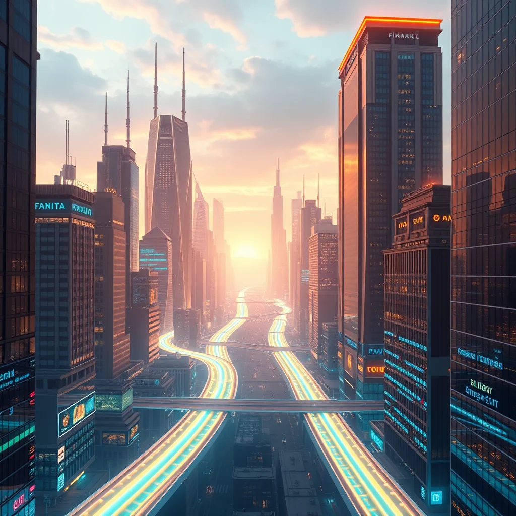 Futurystyczne miasto o zachodzie słońca z neonowymi światłami i wijącymi się drogami.