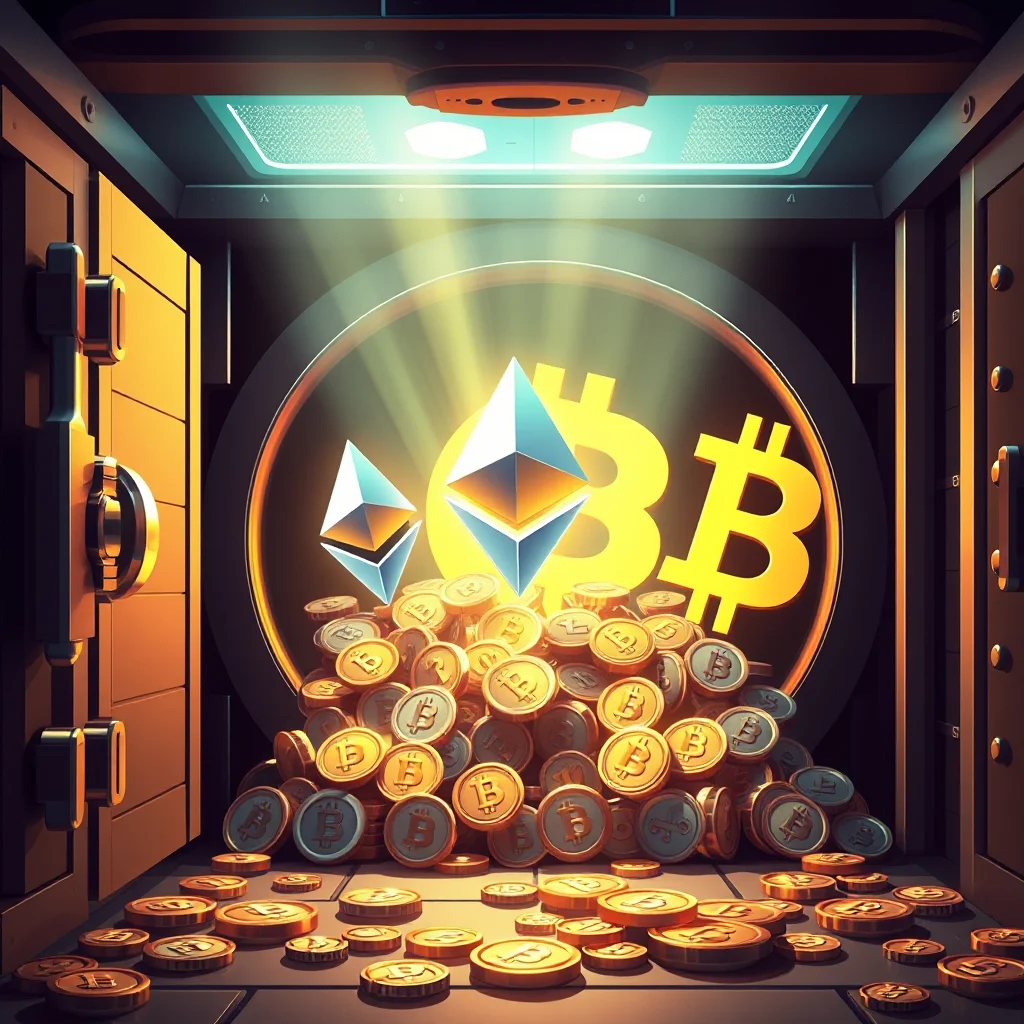 Skrzynia skarbów wypełniona złotymi monetami z symbolem bitcoina i dwoma symbolami ethereum, a w tle widnieje duży złoty symbol bitcoina.
