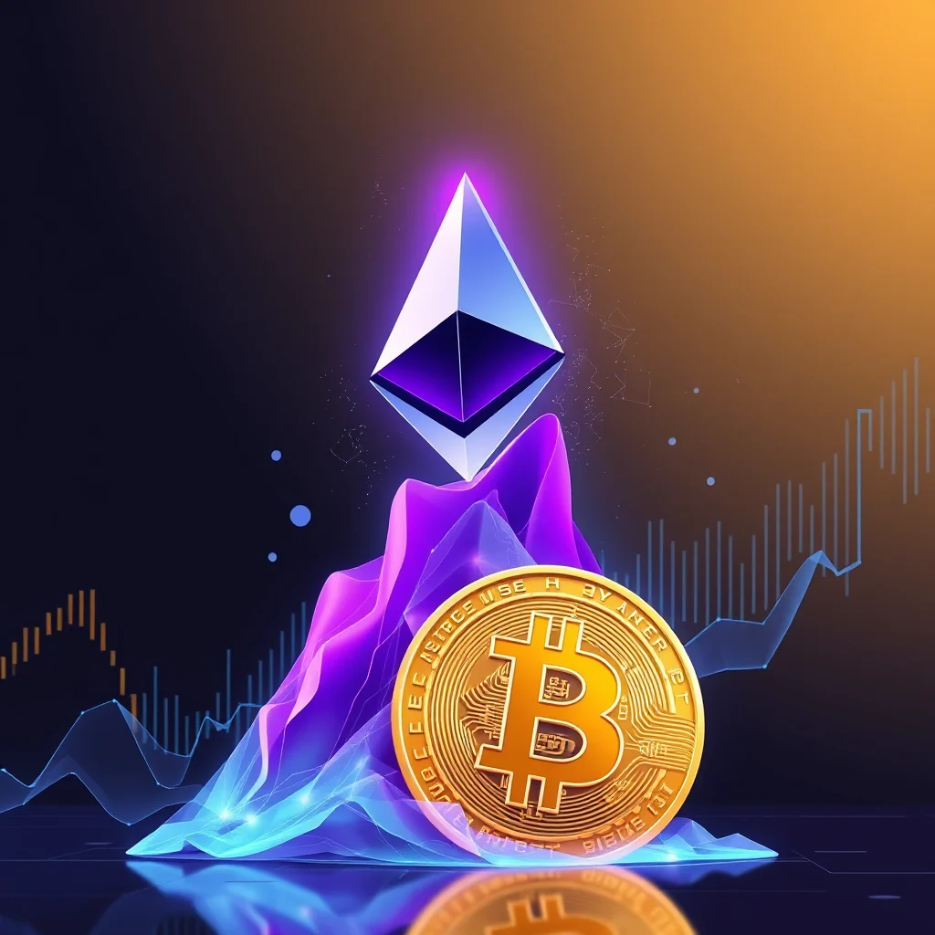 Złota moneta z symbolem Bitcoina na fioletowej górze, z symbolem Ethereum na szczycie, na tle wykresów giełdowych.
