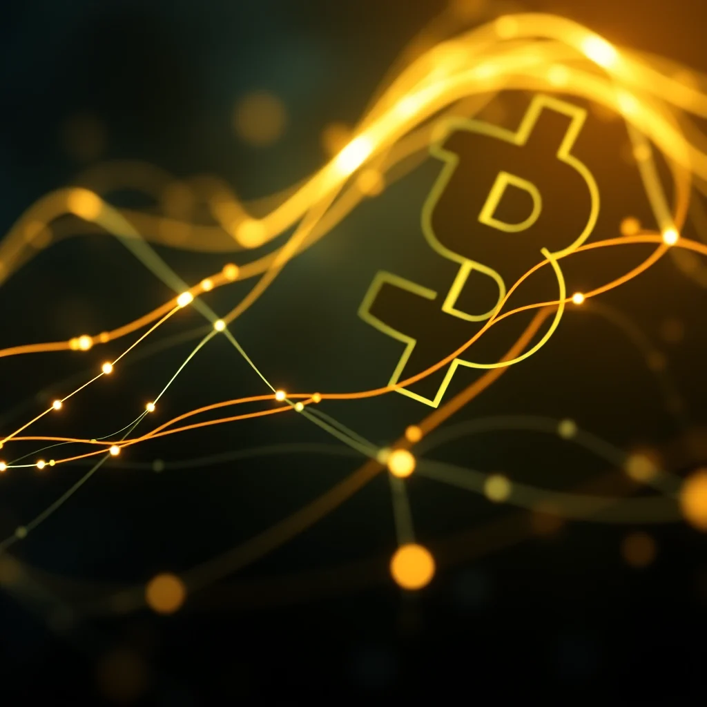 Symbol Bitcoina przedstawiony jako złoty zarys na tle falujących, pomarańczowych linii i punktów na ciemnym tle.