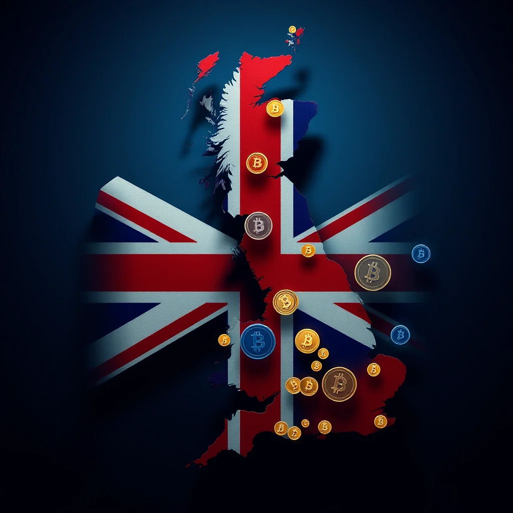 Mapa Wielkiej Brytanii pokryta flagą brytyjską, z monetami bitcoin rozsianymi po jej powierzchni.