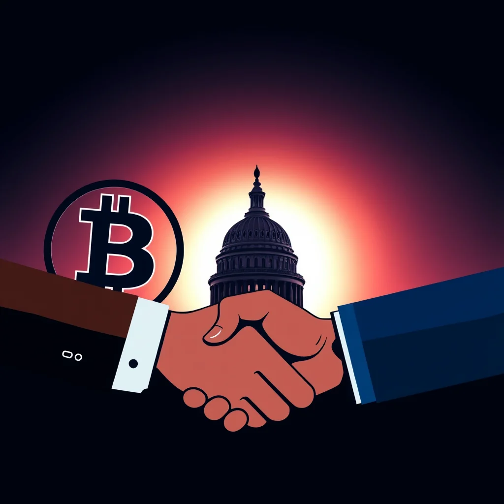Dwie ręce w geście uścisku dłoni, z symbolem Bitcoina po lewej stronie i Kapitolem Stanów Zjednoczonych na tle zachodzącego słońca.