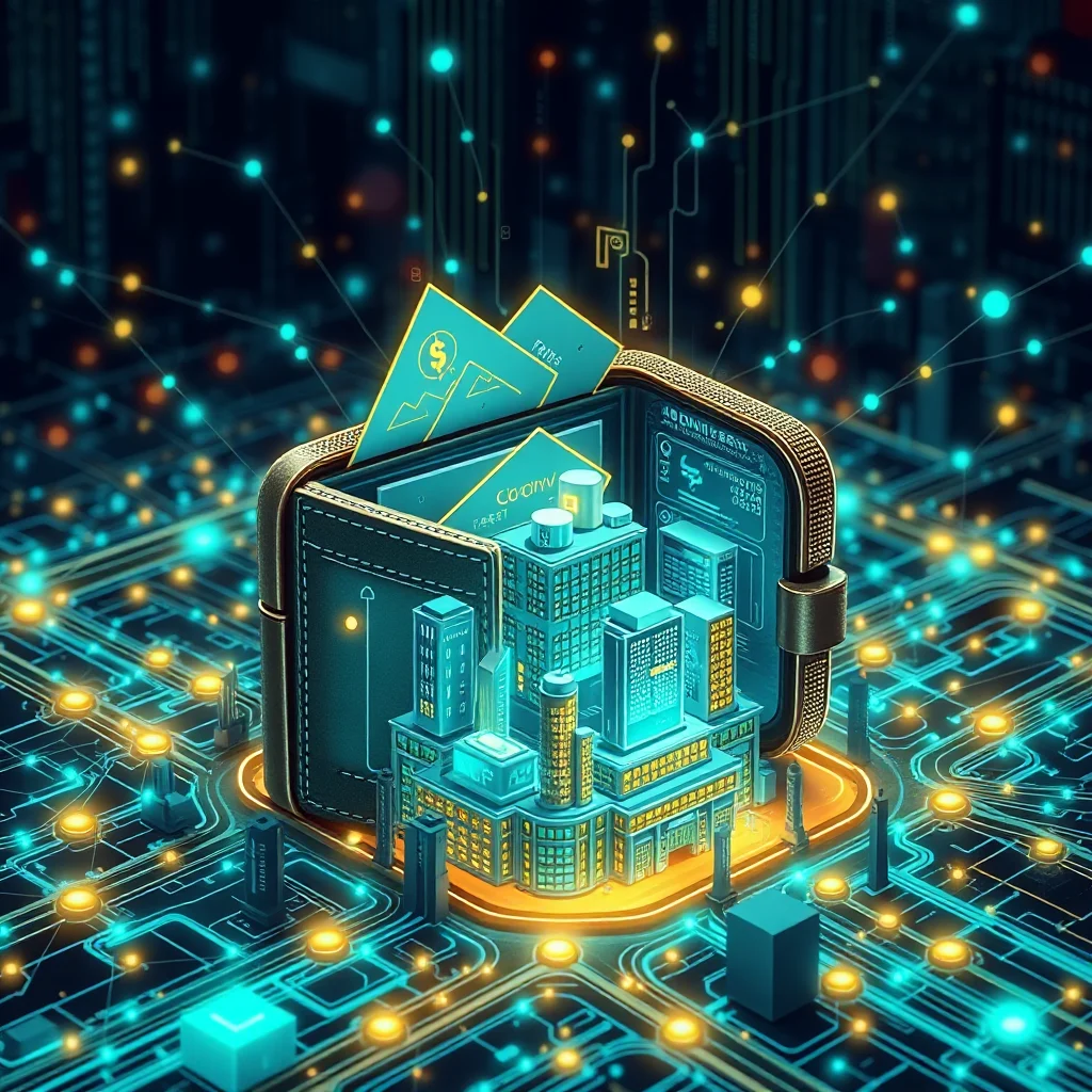 Cyfrowy portfel zawierający budynki w stylu cyberpunk, unoszący się nad obwodami drukowanymi w ciemnym tle z pulsującymi światłami.