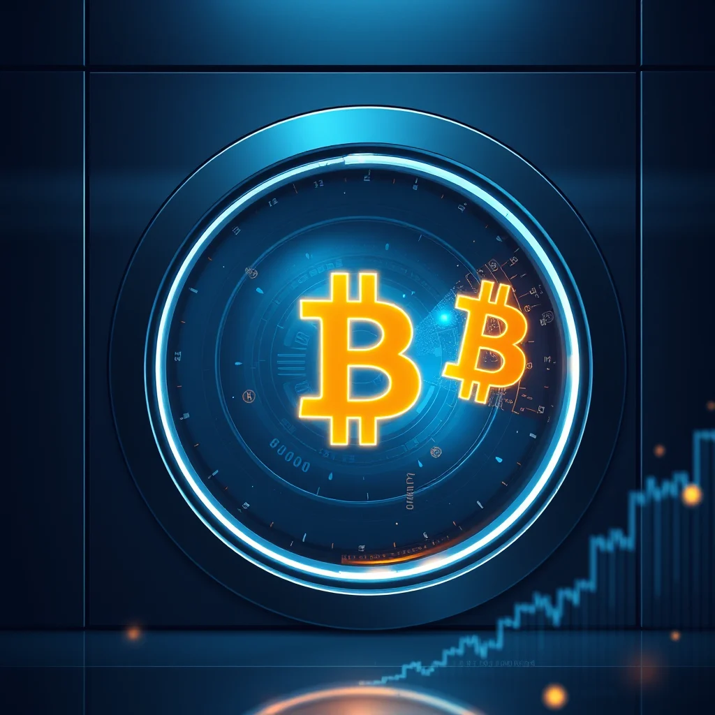 Dwa pomarańczowe symbole Bitcoin na tle niebieskiego, cyfrowego ekranu z wykresem wzrostu wartości kryptowaluty.