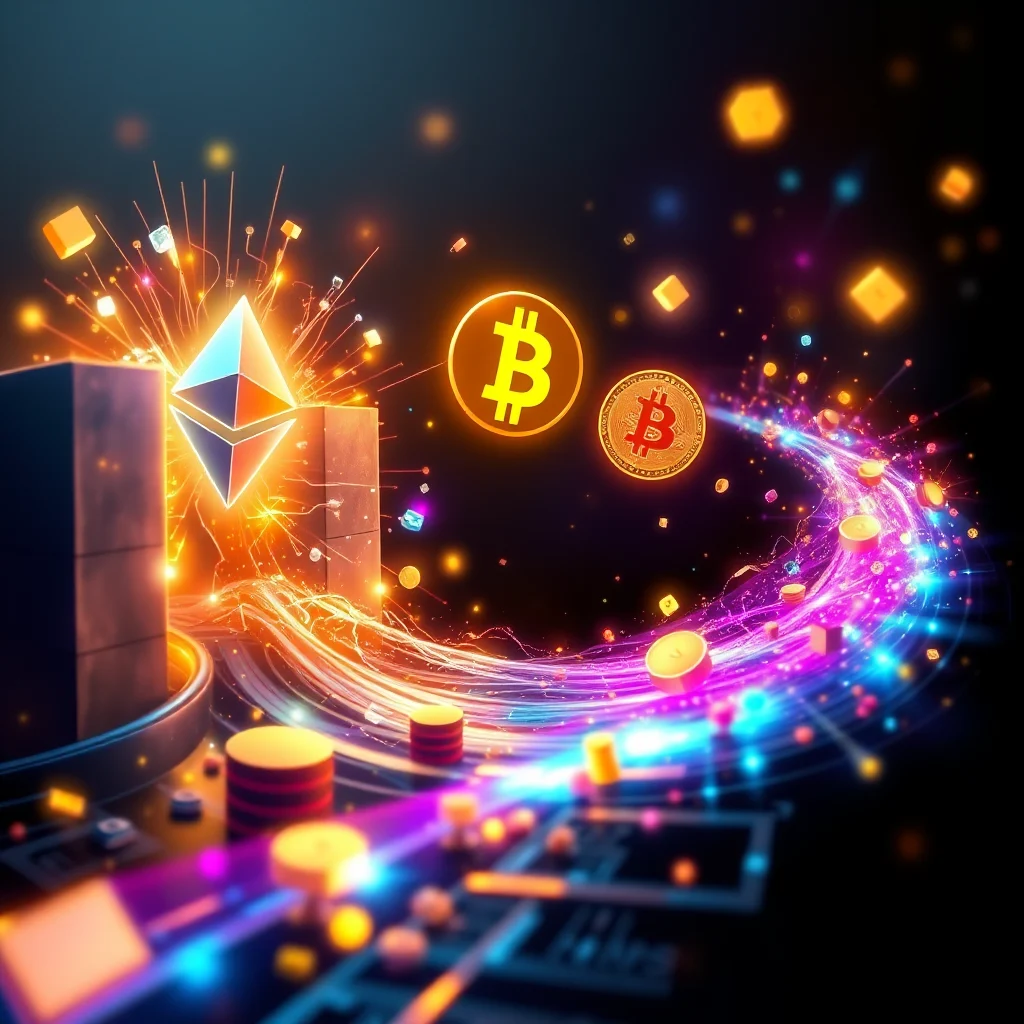 Ilustracja cyfrowa przedstawiająca symbol Ethereum w otoczeniu błyskawic i eksplodujących cząstek, obok okrągłych symboli Bitcoina. W tle widać abstrakcyjny wir kolorowych świateł i unoszące się geometryczne kształty, przypominające świat kryptowalut i technologii.