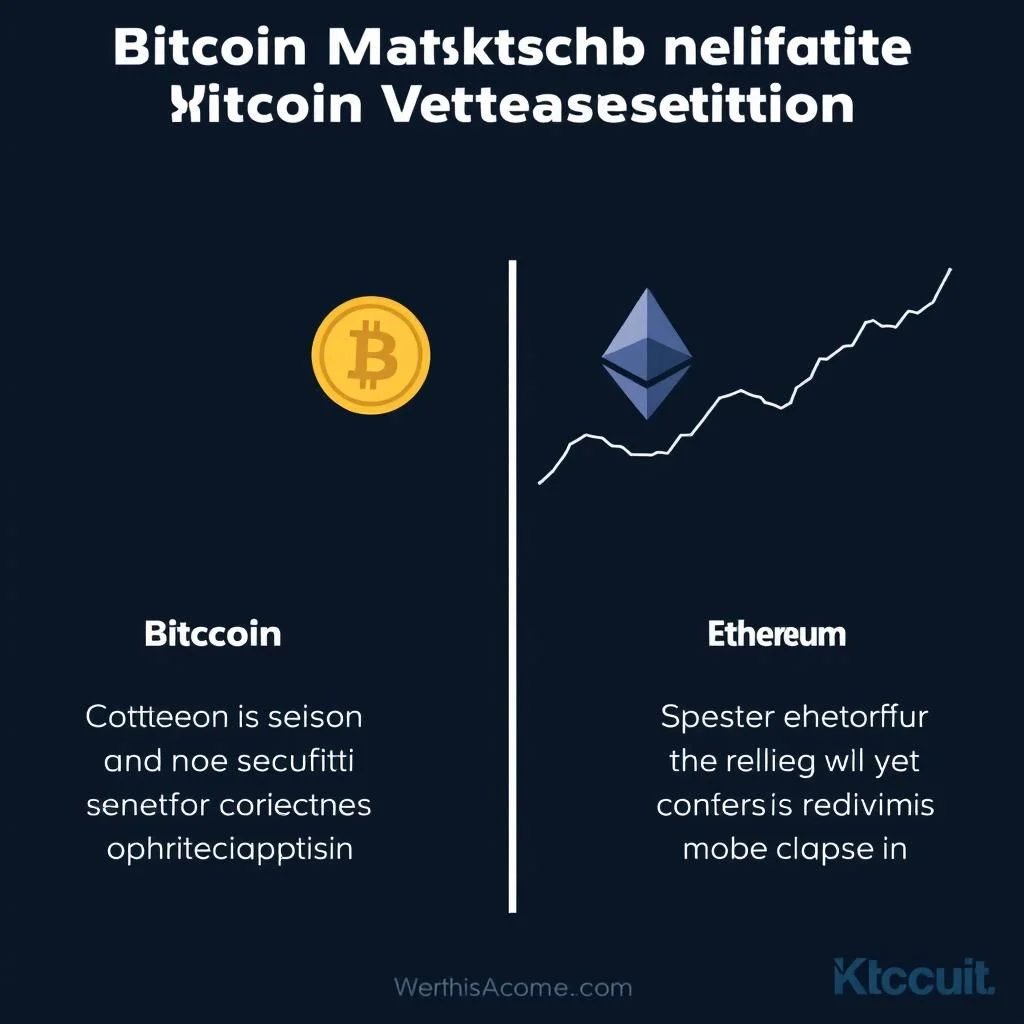 Grafika porównująca Bitcoin i Ethereum, przedstawiająca loga obu kryptowalut po przeciwnych stronach pionowej linii, z wykresem wzrostu po stronie Ethereum.