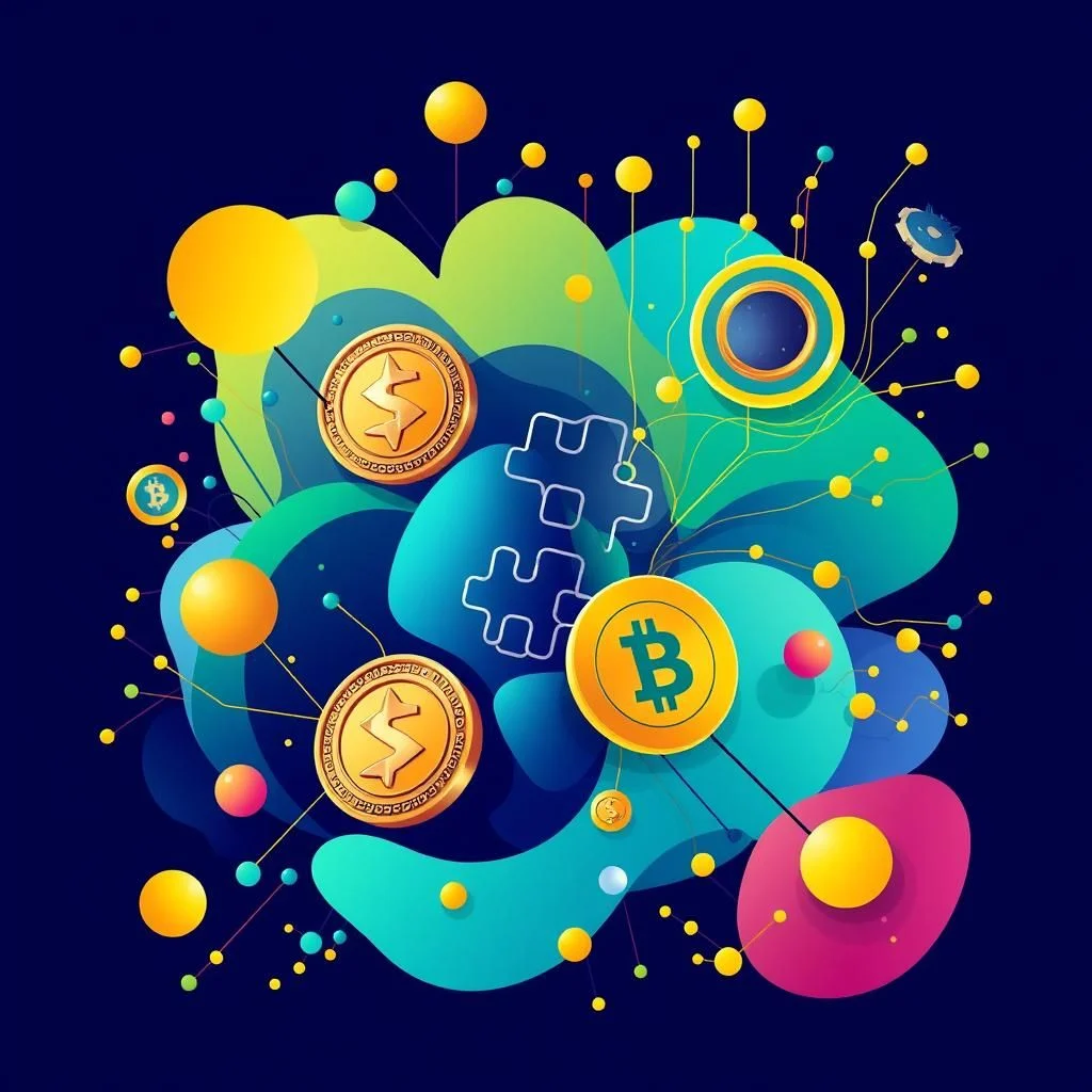 Ilustracja przedstawia dynamiczną kompozycję z bitcoinami i innymi elementami związanymi z kryptowalutami na ciemnoniebieskim tle. W centrum znajdują się trzy złote monety z symbolem bitcoina, a także dwie puzzle przypominające litery "B". Kompozycja zawiera również abstrakcyjne, faliste kształty w odcieniach zieleni i niebieskiego, a także liczne żółte, niebieskie i różowe kropki symbolizujące połączenia i przepływ danych. Całość tworzy wrażenie nowoczesności i technologii.