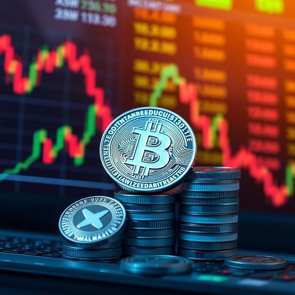 Stos monet z symbolem Bitcoina na tle wykresu giełdowego.