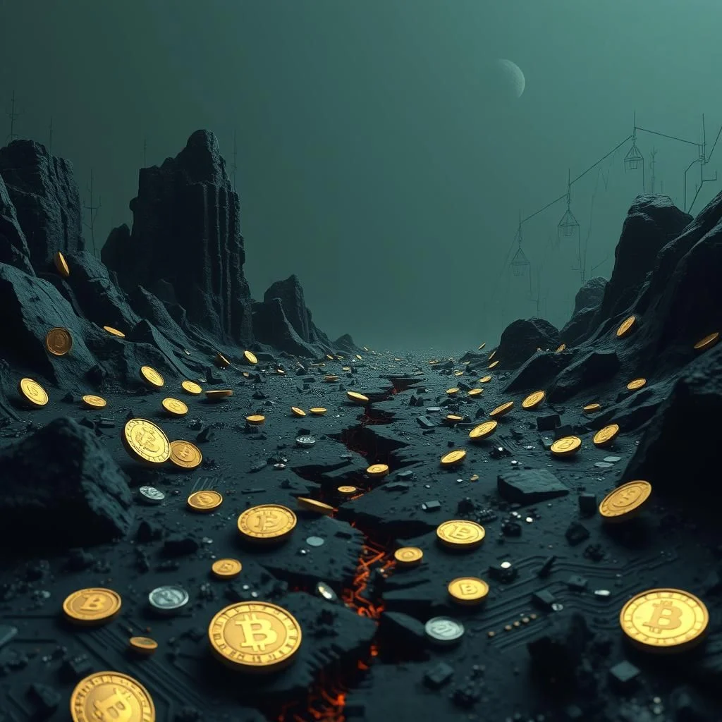 Złote monety z symbolem Bitcoina rozsypane na kamienistym, surowym pustkowiu, wśród skał i ciemnej, nierównej ziemi, z połyskującym w oddali księżycem na tle zielonkawej, mglistej poświaty.