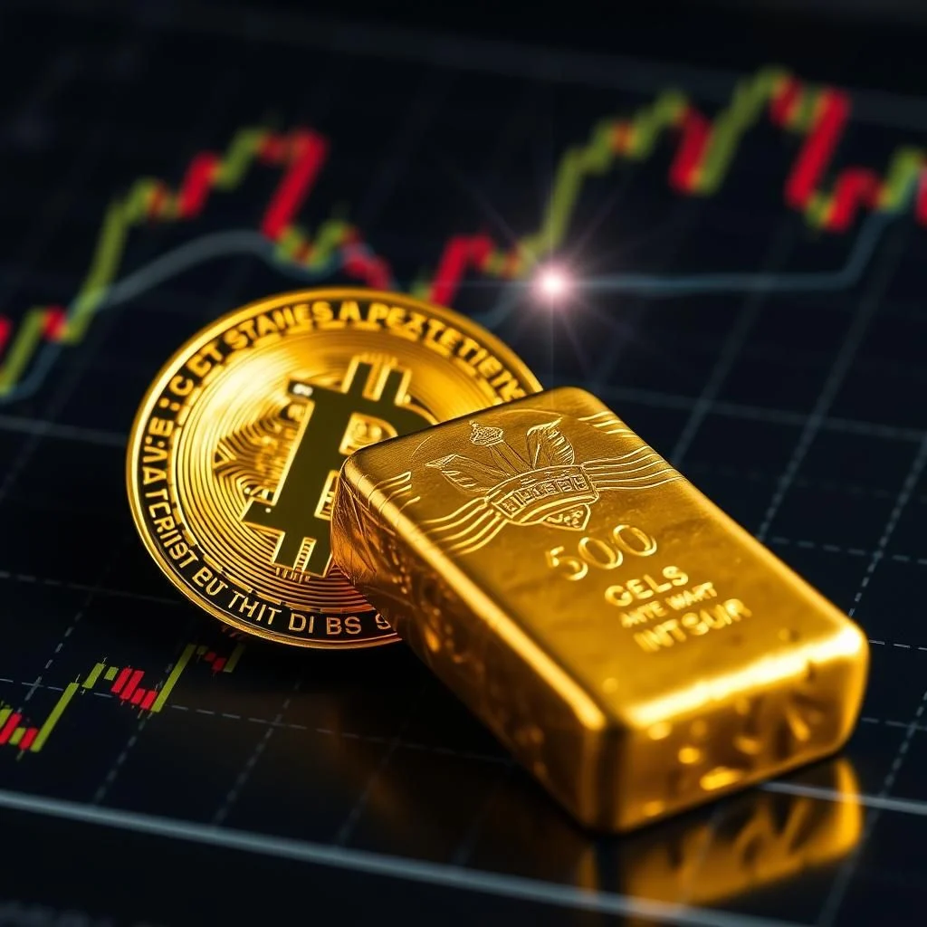 Złoty sztabki i monety Bitcoin na tle wykresu giełdowego z liniami wzrostu i spadku.