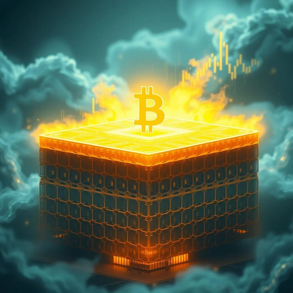 Żółty sześcienny obiekt z symbolem Bitcoin na górze, otoczony ogniem i otoczony chmurami, z wykresami finansowymi w tle.