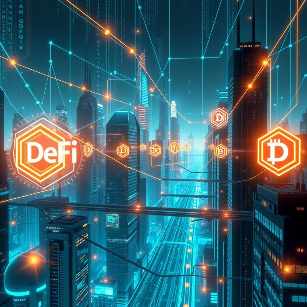 Grafika przedstawia futurystyczne miasto z neonowymi światłami i cyfrowymi symbolami. W centrum znajduje się duży, ośmiokątny symbol z napisem "DeFi", otoczony przez mniejsze, sześciokątne symbole z literą "D", które przypominają logotypy kryptowalut. Linie łączące te symbole tworzą sieć, która rozciąga się między wysokimi budynkami. W tle widać autostrady lub tory kolejowe oświetlone niebieskimi i pomarańczowymi światłami. Obraz symbolizuje decentralizację finansów (DeFi) w cyfrowej przyszłości.