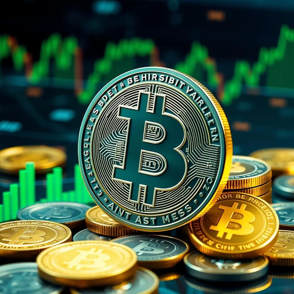 Zbliżenie na wirtualną walutę Bitcoin, z monetą w kolorze zielonym i złotym w centrum, na tle wykresów giełdowych i stosu złotych monet.