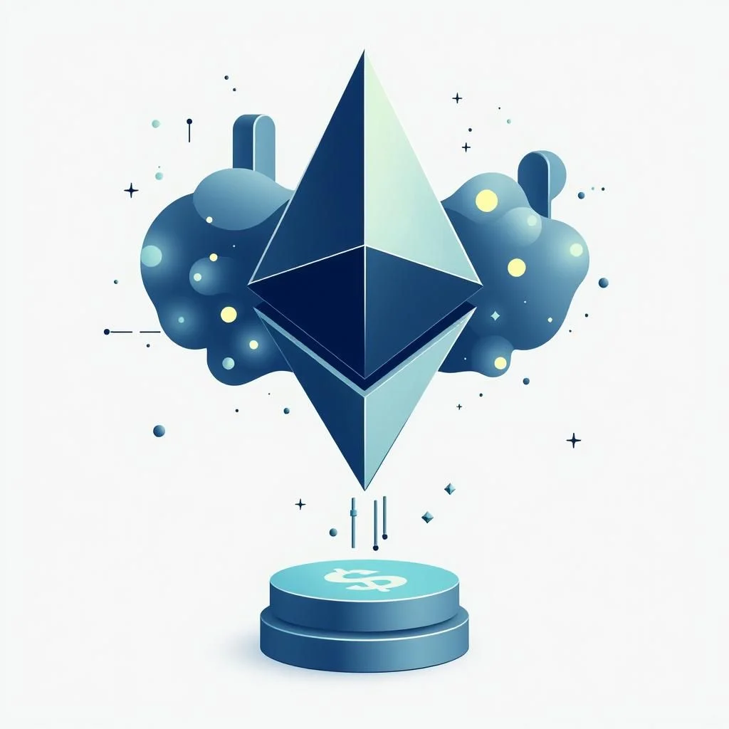 Ikona Ethereum na niebieskim postumencie z symbolem dolara, otoczona niebieskimi chmurami i białymi symbolami plus.