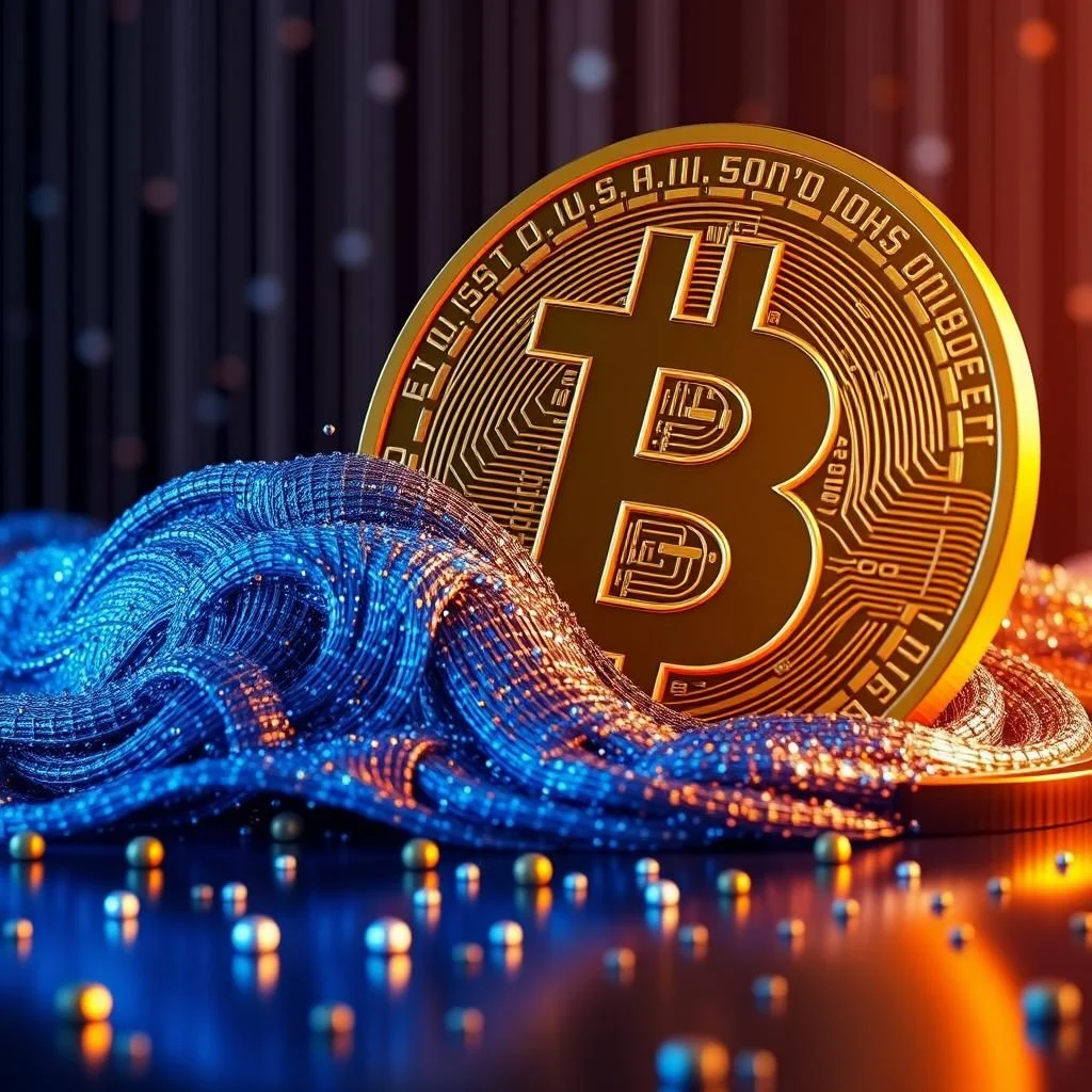 Złoty Bitcoin spoczywa na falującej, niebieskiej, świetlistej tkaninie, otoczony przez wiele małych, połyskujących kulek.