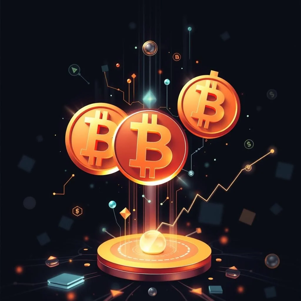Ilustracja cyfrowa przedstawiająca trzy świecące pomarańczowe monety z symbolem Bitcoina, unoszące się nad złotą platformą, z elementami graficznymi przypominającymi sieci neuronowe i rosnący wykres na ciemnym tle.
