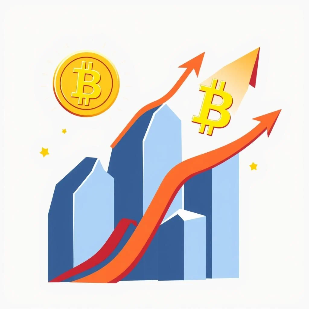 Grafika przedstawia wzrost wartości Bitcoina, symbolizowany przez złoty symbol Bitcoina unoszący się na tle błękitnych wykresów słupkowych, które wzbijają się ku górze wraz z pomarańczowymi strzałkami wzrostu. W tle widoczne są również małe żółte gwiazdki, sugerujące sukces i pozytywny trend.
