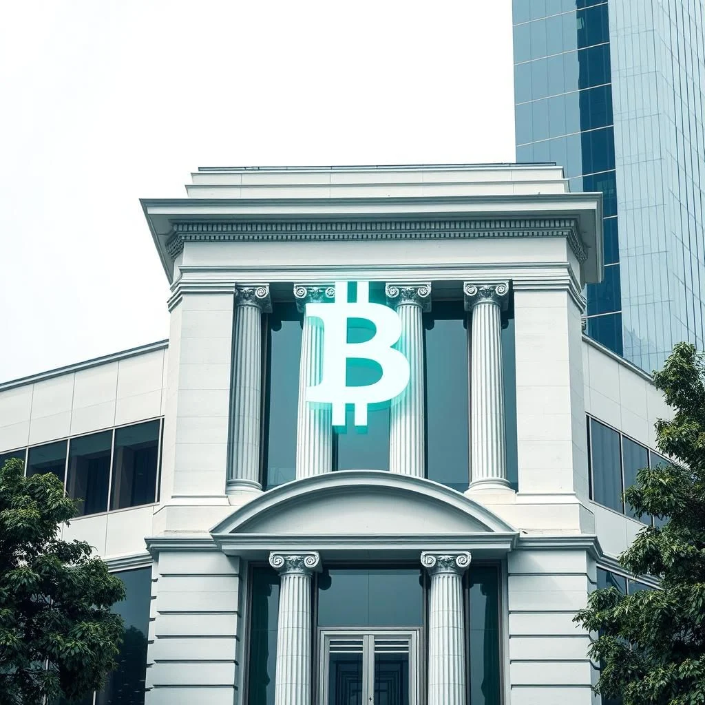 Jasny, neonowy symbol Bitcoina na tle nowoczesnego, białego budynku z kolumnami i pobliskiej szklanej wieży.