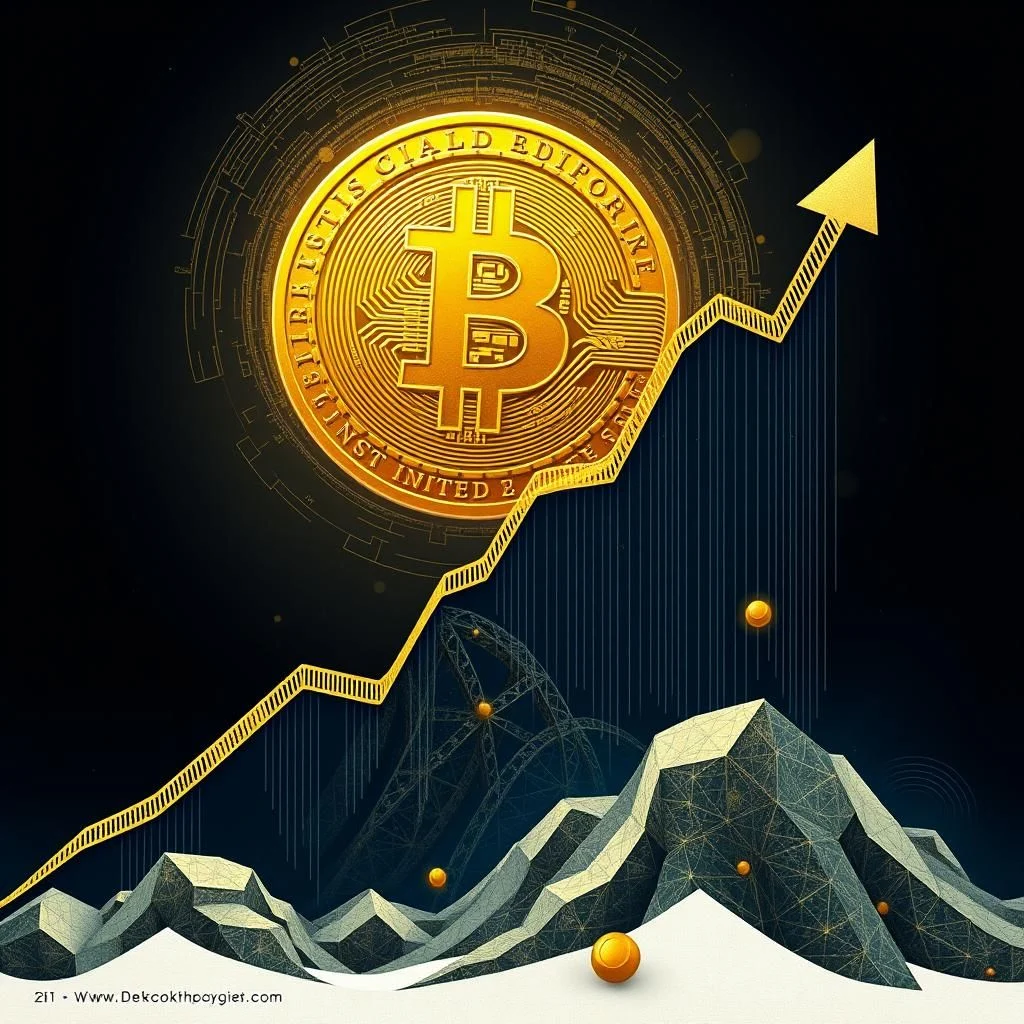 Grafika przedstawia duży, złoty symbol Bitcoina na tle stylizowanych, schematycznych obwodów. Od Bitcoina biegnie w górę wykreślona na żółto linia wykresu, symbolizująca wzrost wartości, zakończona strzałką skierowaną w górę. Poniżej wykres przechodzi nad górzystym, geometrycznym krajobrazem o chłodnej, niebiesko-szarej palecie barw, z elementami przypominającymi linie energetyczne. W tle widoczne są fragmenty konstrukcji przypominających kolejkę górską lub strukturę technologiczną. W całej kompozycji rozrzucone są małe, okrągłe, złote obiekty, sugerujące monety lub inne elementy cyfrowego świata. Całość nawiązuje do tematyki kryptowalut i ich wzrostu ekonomicznego.
