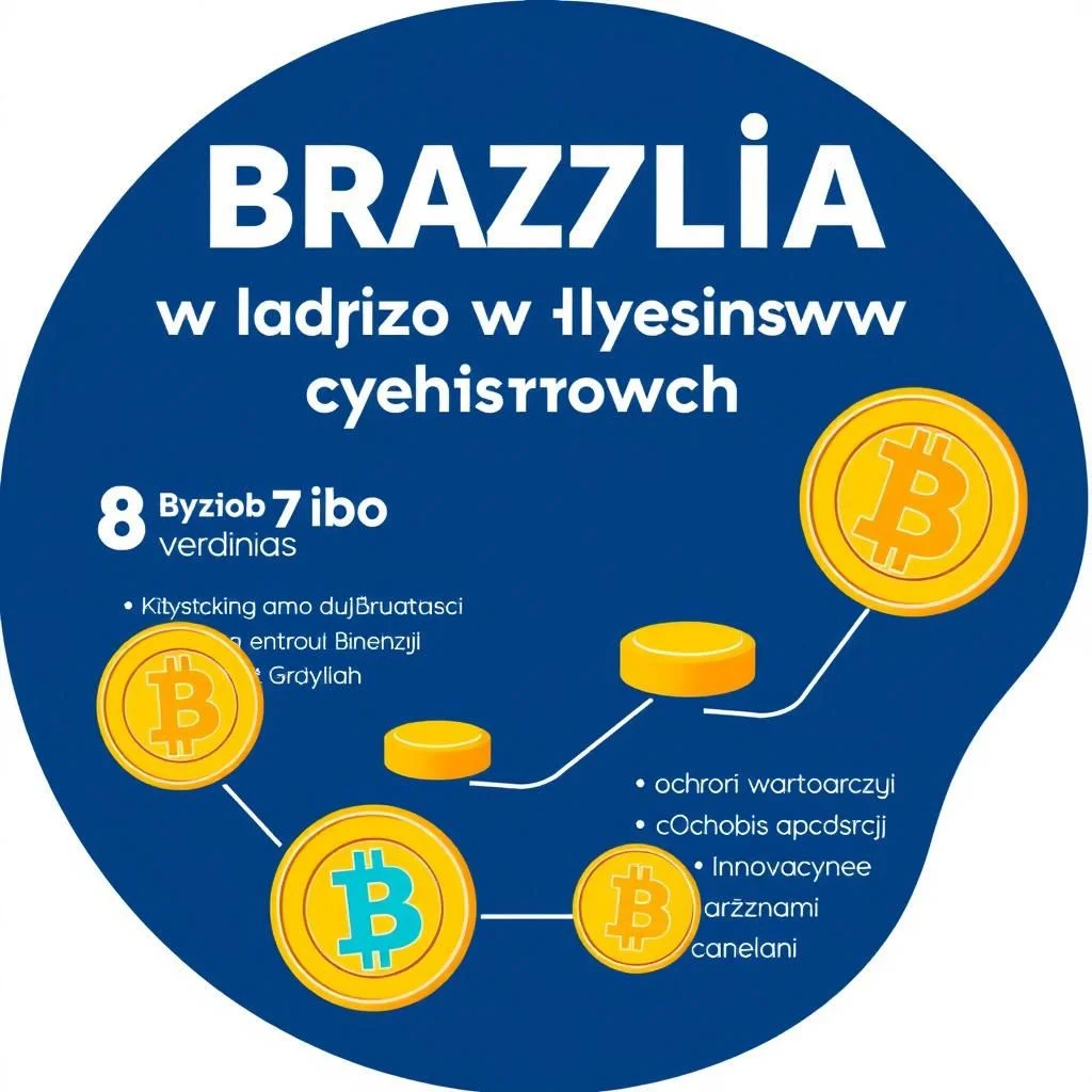 Grafika przedstawia okrągły, niebieski baner z białym tekstem. Na górze banera dużymi literami napisano "BRAZ7LIA". Poniżej znajduje się tekst "w ladrizo w łlyesinsww cyehisrrowch". Po lewej stronie, nieco niżej, znajduje się cyfra "8" oraz tekst "Byziob 7 ibo verdinias". Pod nim są punkty z tekstem "• Kitystcking amo dujBruatasci", "• entroui Binenzji" i "• Grdyllah". Na banerze rozmieszczone są trzy żółte ikony przypominające monety z symbolem "B" oraz trzy żółte dyski. Linie łączą monety i dyski. Po prawej stronie, pod symbolem "B", znajdują się kolejne punkty z tekstem "• ochrori wartoarcyji", "• cOchobis apcdsrcji", "• Innovacynee" i "• aržznami canelani".