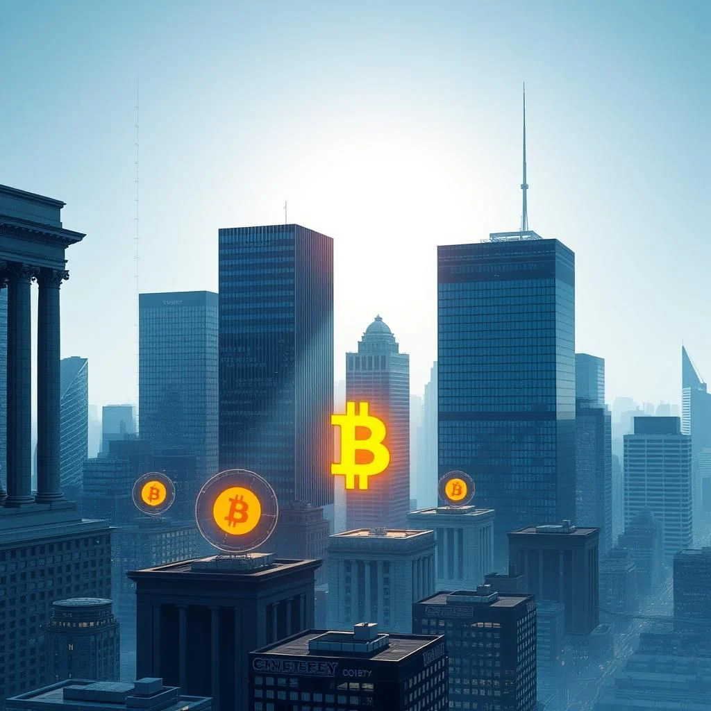Ilustracja przedstawiająca panoramę miasta z wieloma wieżowcami, na których widnieją świecące symbole Bitcoina.