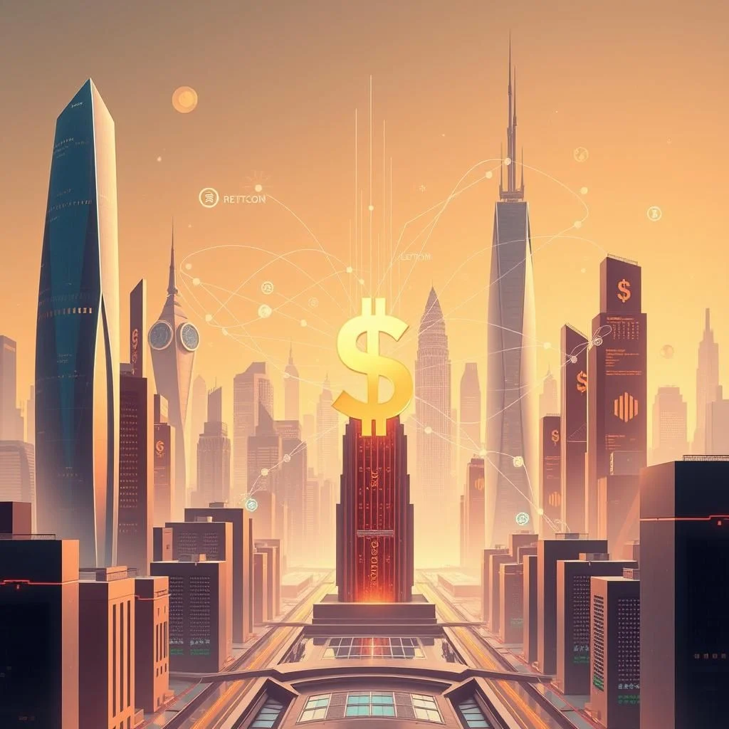 Złoty symbol dolara góruje nad futurystyczną metropolią ze szkła i stali, symbolizując potęgę finansów.