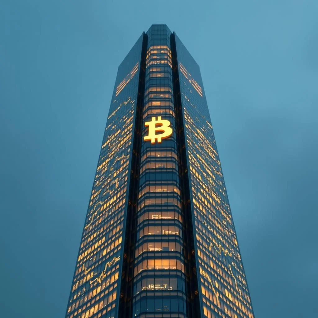 Wysoka, szklana wieża mieszkalna oświetlona ciepłym, złotym światłem, z dużym symbolem Bitcoin na środku fasady, na tle błękitnego nieba.
