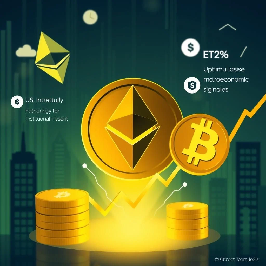Obraz przedstawia symbole Ethereum i Bitcoin, otoczone złotymi monetami i wykresami, sugerując inwestycje w kryptowaluty. W tle widoczne są sylwetki budynków i elementy nawiązujące do zegara.
