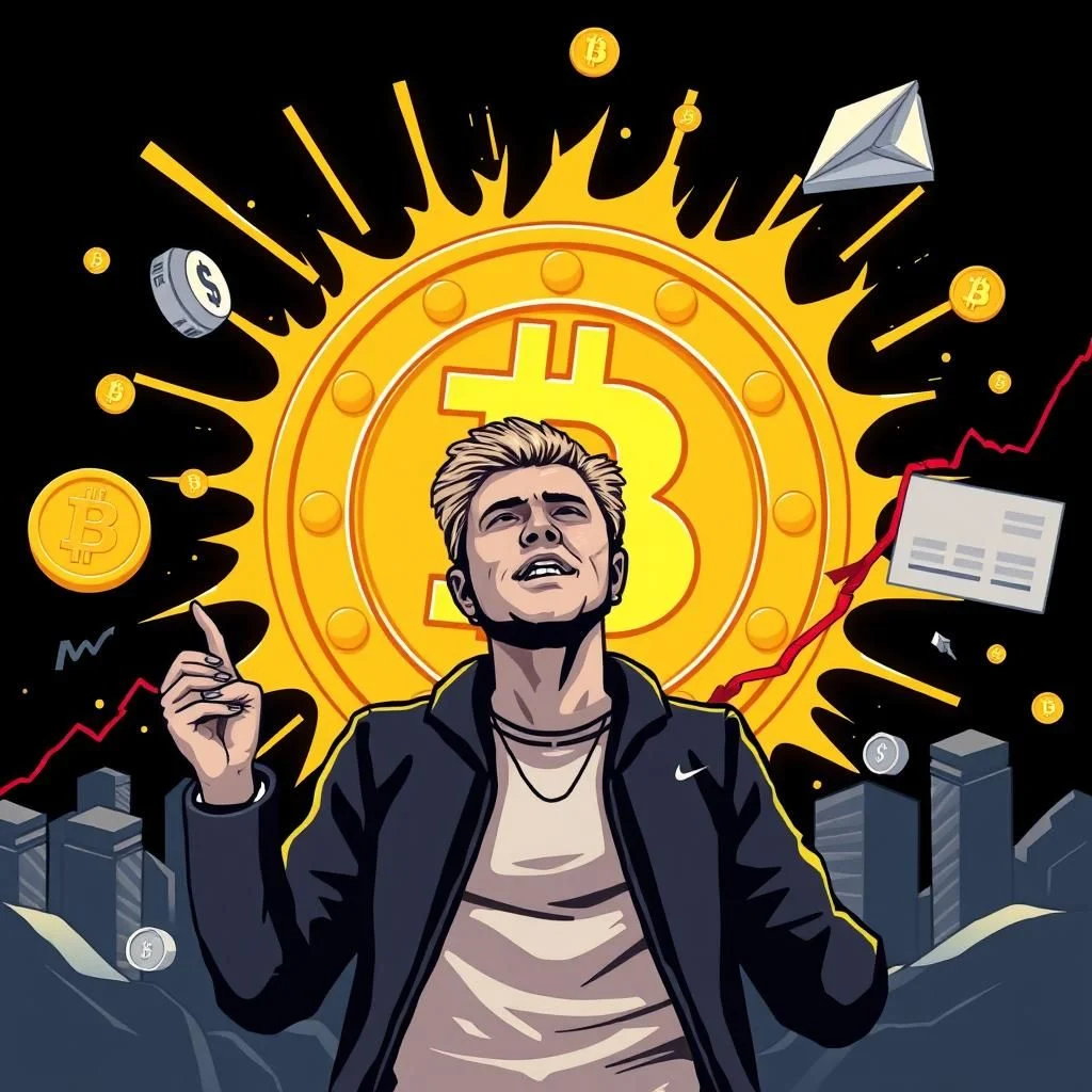 Ilustracja w stylu kreskówkowym przedstawiająca młodego mężczyznę patrzącego w górę z wyrazem podziwu, na tle dużego złotego symbolu Bitcoin, otoczonego płomieniami i otoczonego przez mniejsze symbole Bitcoin, monety z symbolem dolara i grafikę przedstawiającą wzrost. W tle widnieje również stylizowany miejski krajobraz z budynkami i wykresami przedstawiającymi wzrost.