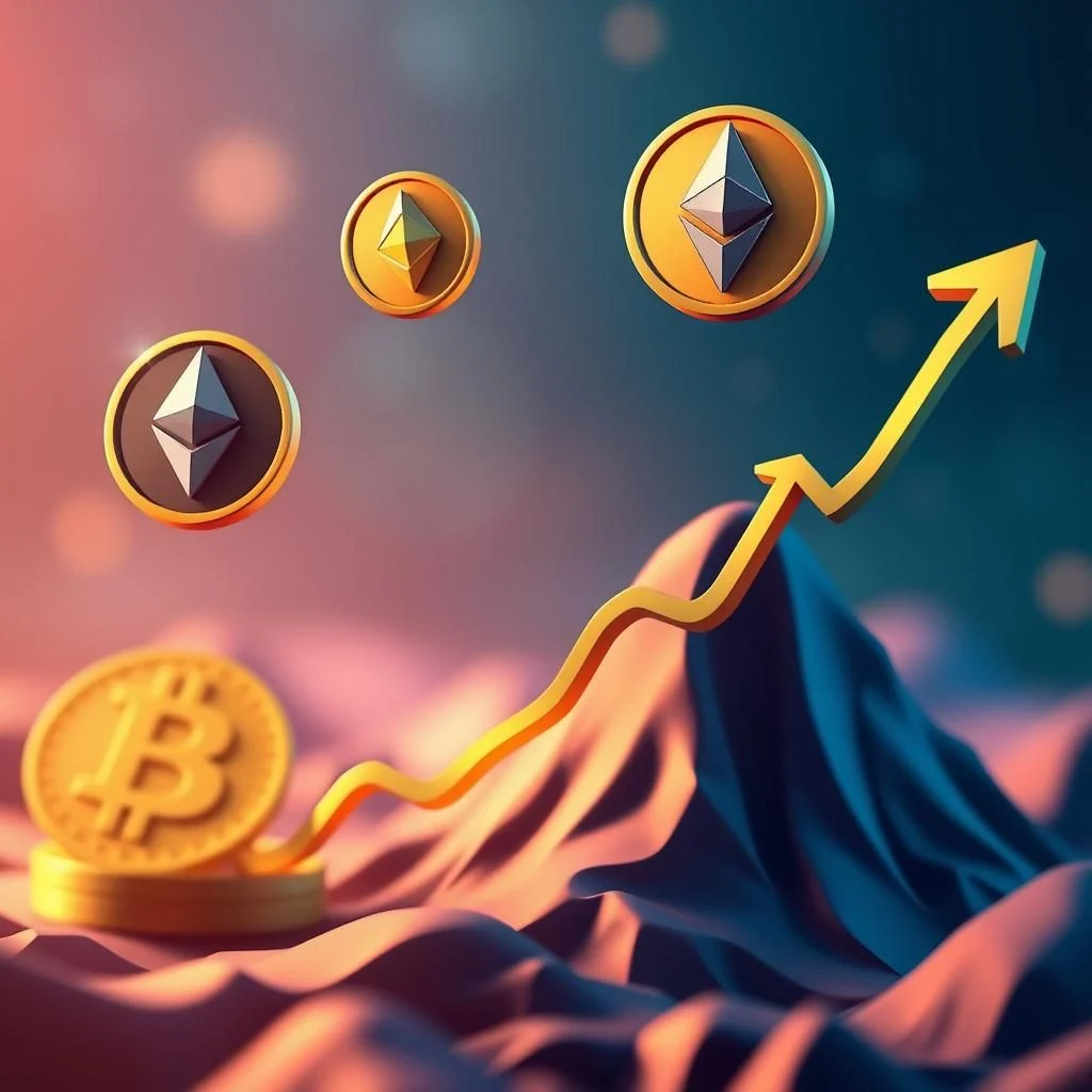 Grafika przedstawiająca ikonę Bitcoina na pierwszym planie, a za nią rosnący wykres w kształcie złotej strzałki, który przechodzi przez stylizowaną górę. W tle unoszą się trzy ikony Ethereum.