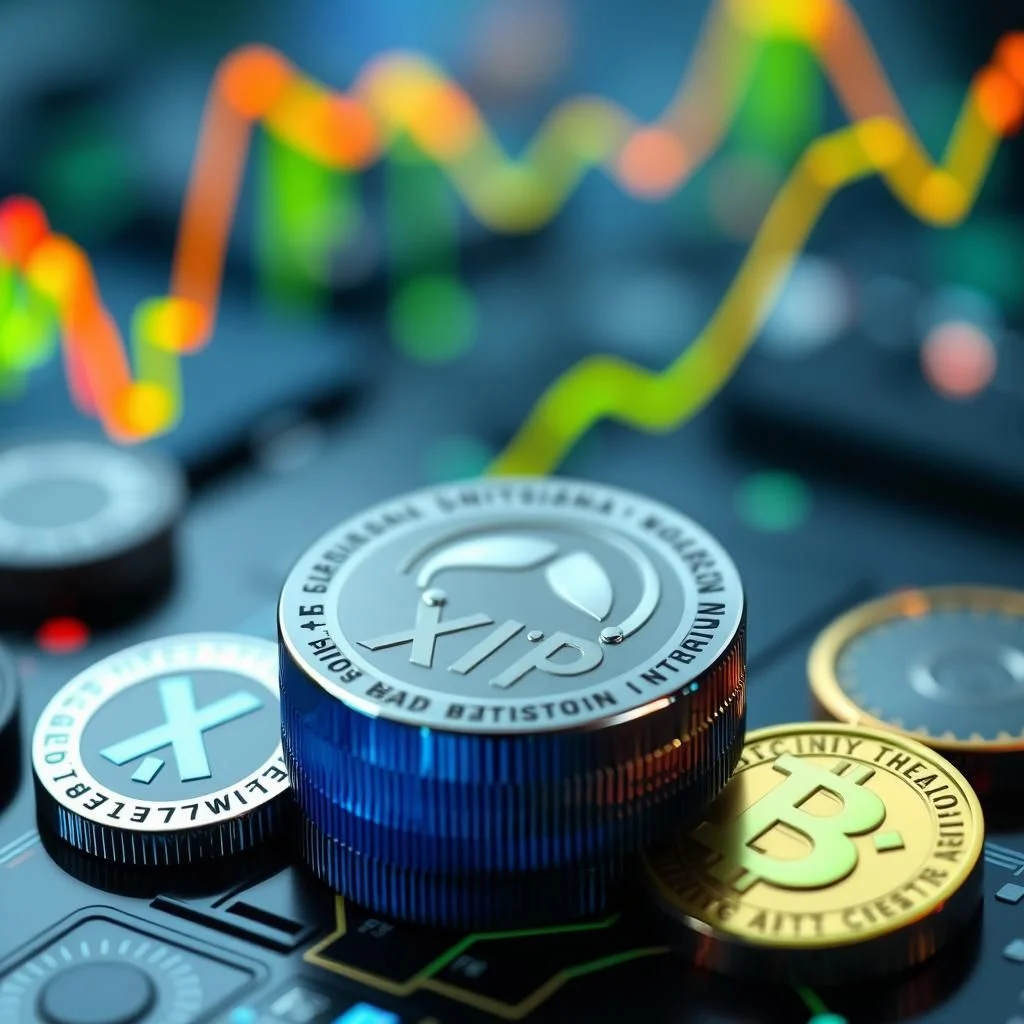 Cyfrowa moneta kryptograficzna XRP lub Ripple na ciemnym tle z wykresami wzrostu.