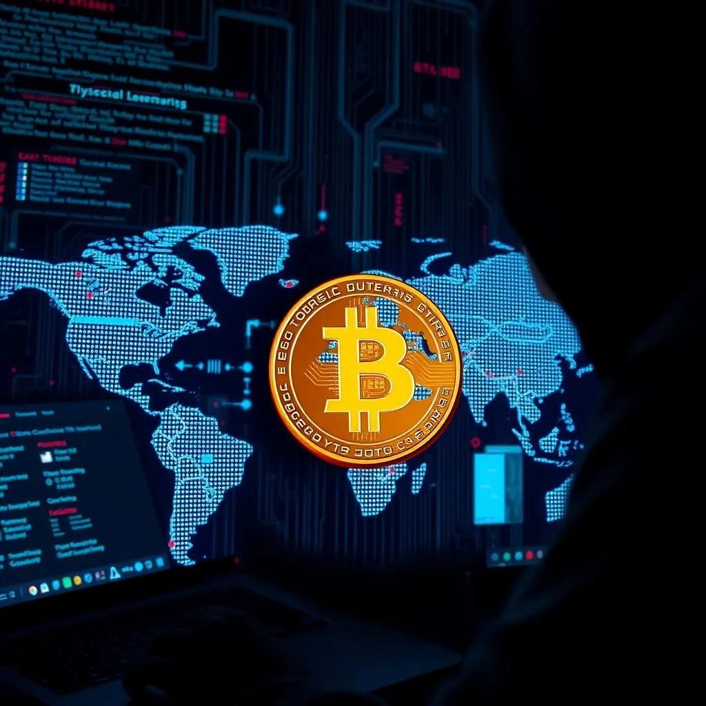 Hakier w kapturze siedzi przed komputerem, patrząc na ekran z mapą świata i symbolem bitcoina.