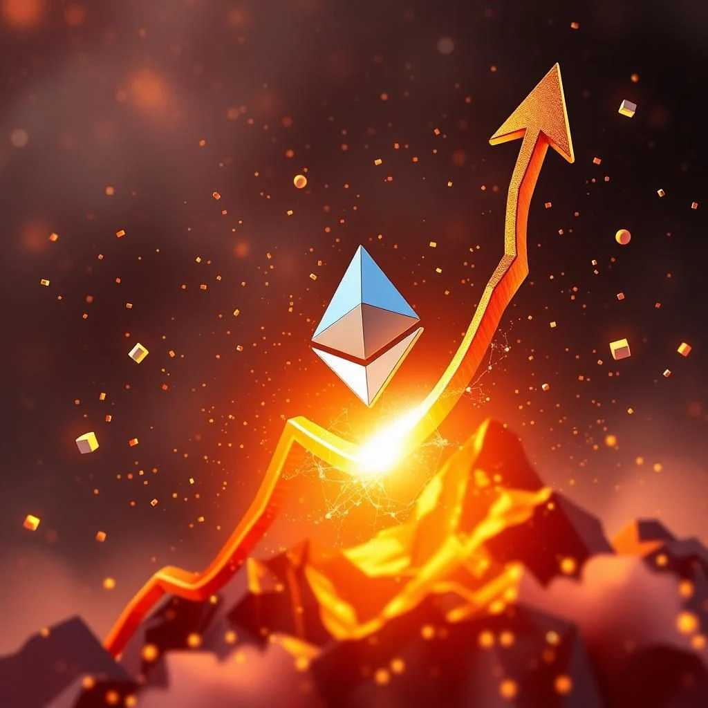 Grafika przedstawiająca symbol Ethereum unoszący się nad płonącą górą, przez którą przechodzi złota linia wykresu z rosnącą strzałką, symbolizująca wzrost wartości kryptowaluty.
